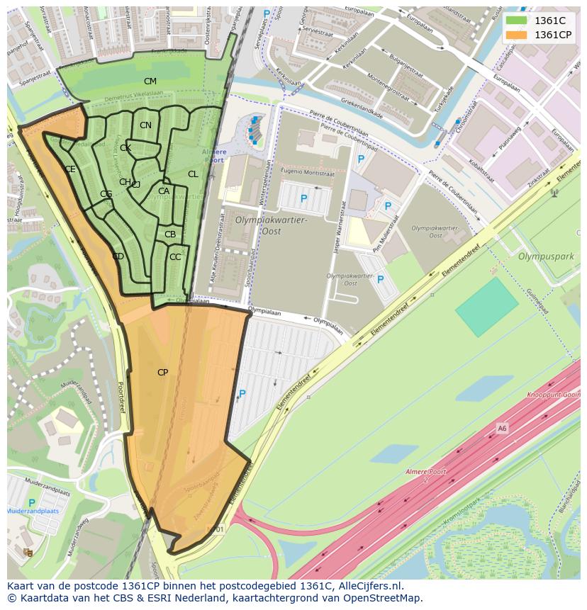 Afbeelding van het postcodegebied 1361 CP op de kaart.