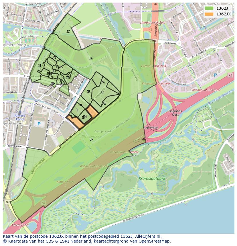 Afbeelding van het postcodegebied 1362 JX op de kaart.