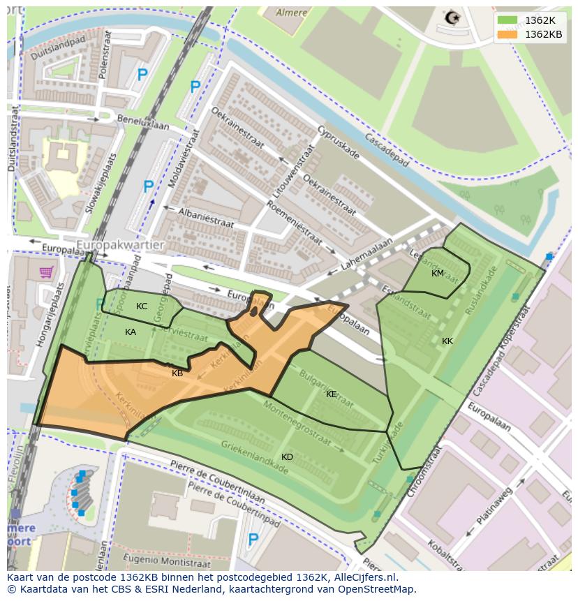 Afbeelding van het postcodegebied 1362 KB op de kaart.