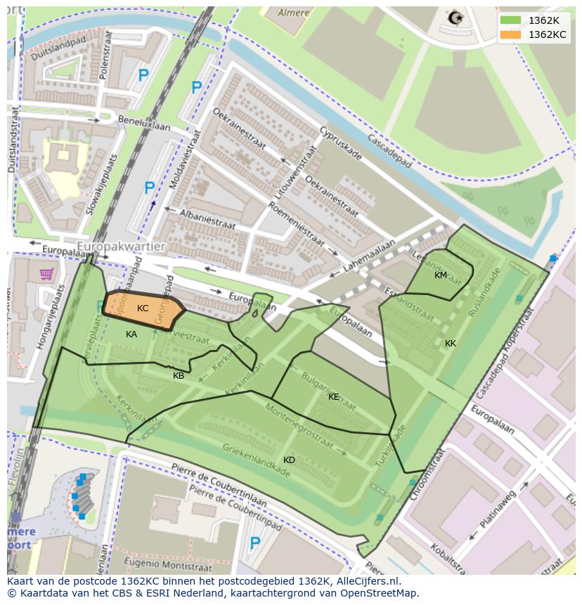 Afbeelding van het postcodegebied 1362 KC op de kaart.