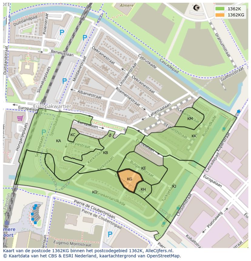 Afbeelding van het postcodegebied 1362 KG op de kaart.