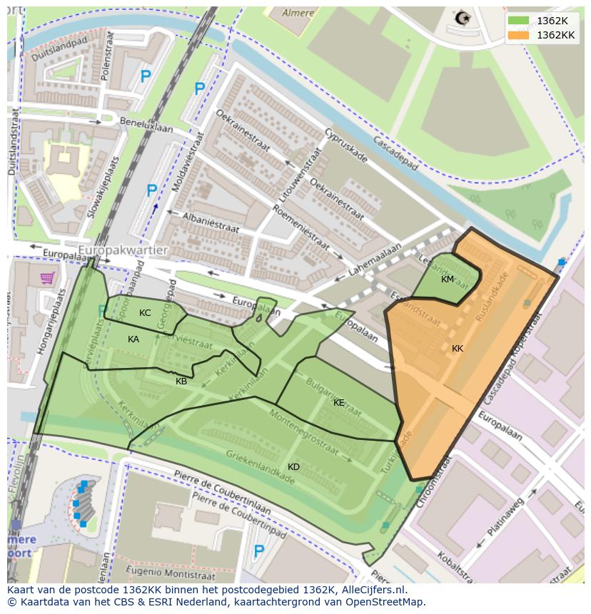 Afbeelding van het postcodegebied 1362 KK op de kaart.