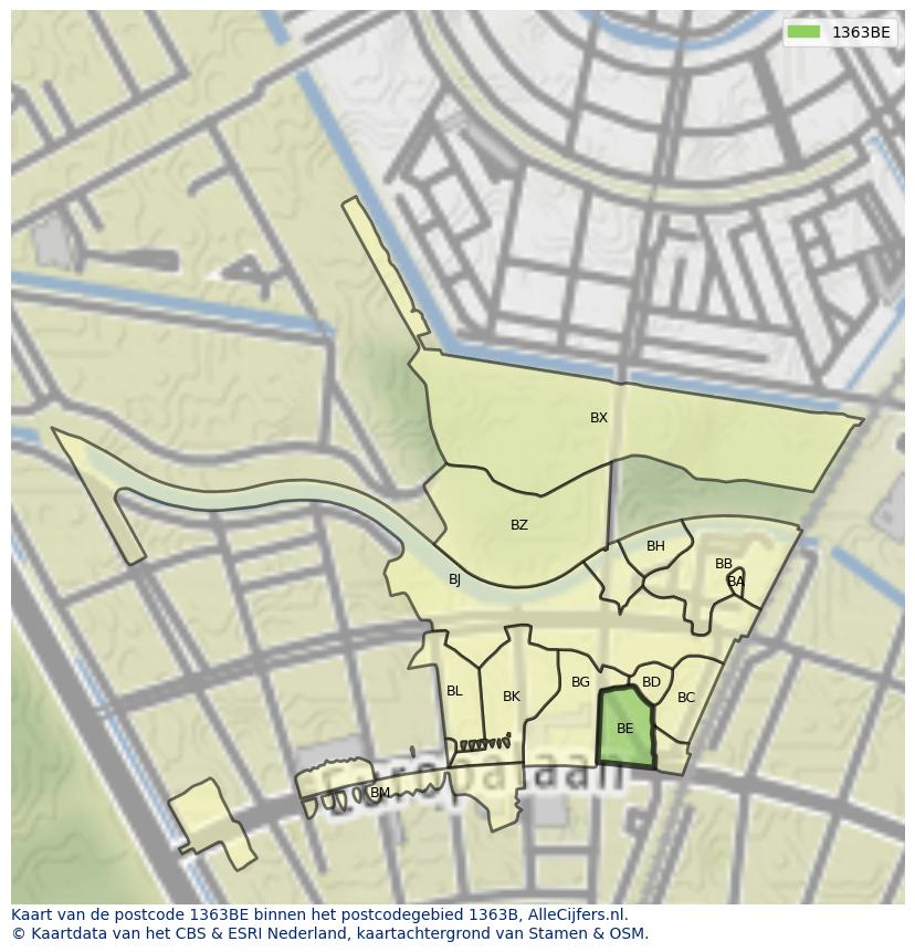 Afbeelding van het postcodegebied 1363 BE op de kaart.