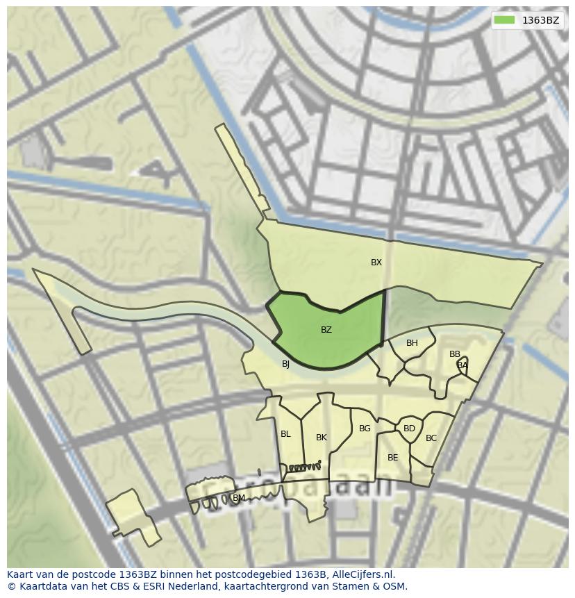 Afbeelding van het postcodegebied 1363 BZ op de kaart.