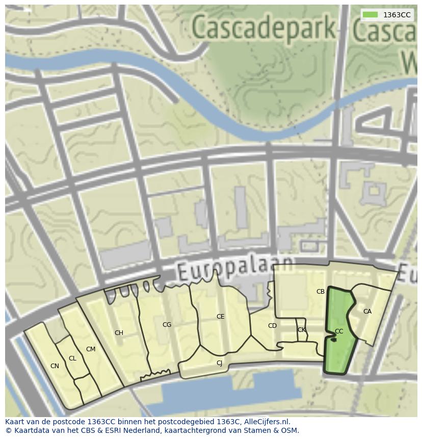 Afbeelding van het postcodegebied 1363 CC op de kaart.