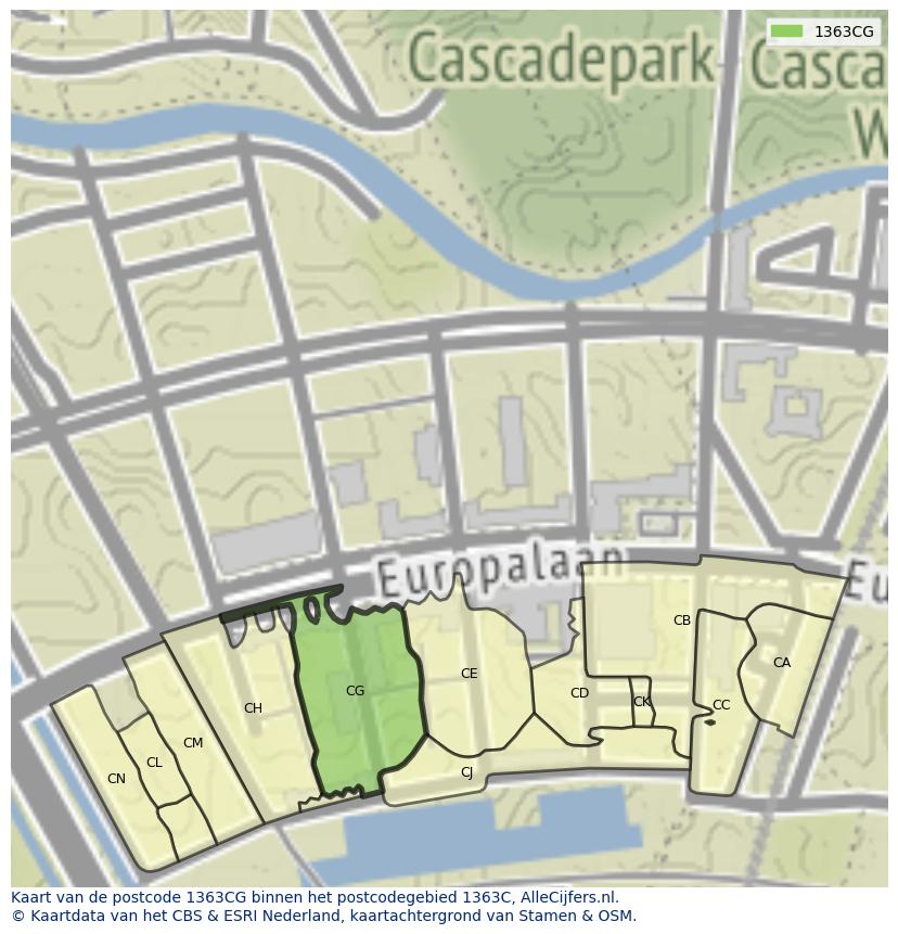 Afbeelding van het postcodegebied 1363 CG op de kaart.