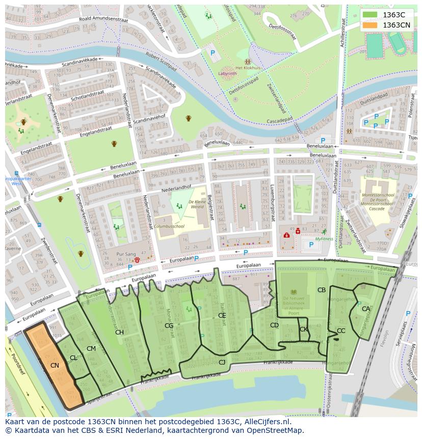Afbeelding van het postcodegebied 1363 CN op de kaart.