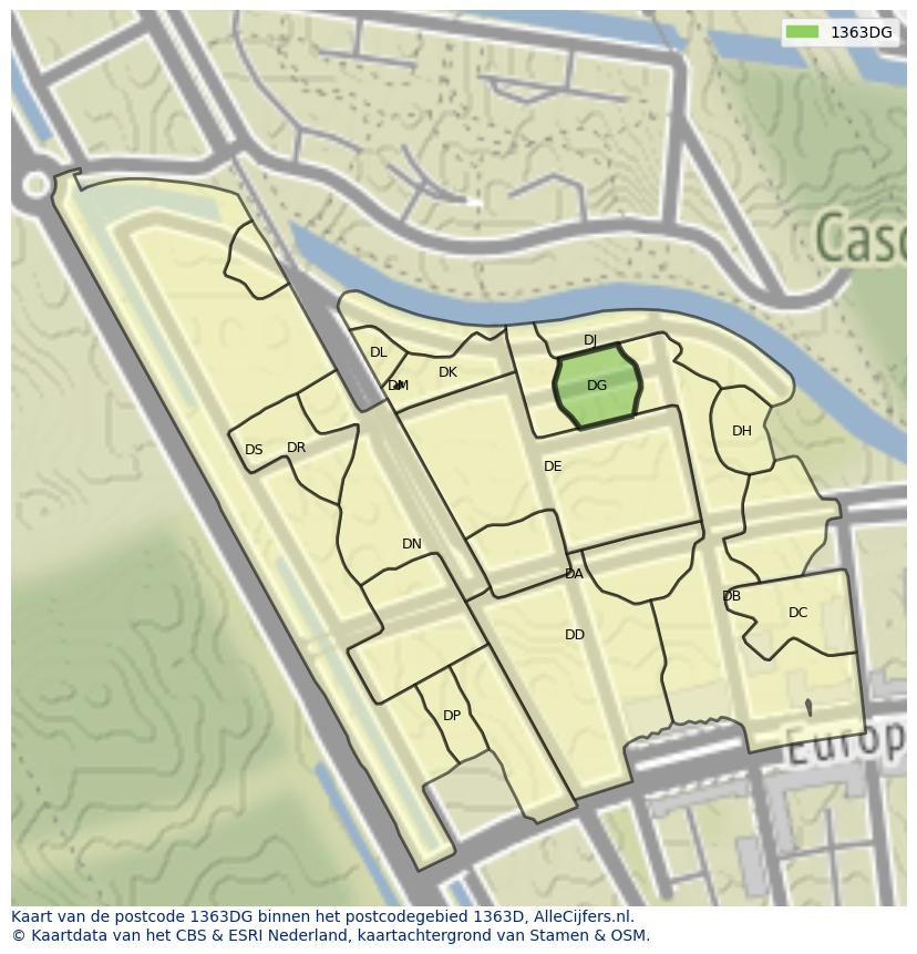 Afbeelding van het postcodegebied 1363 DG op de kaart.