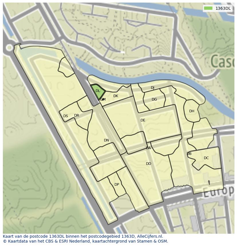 Afbeelding van het postcodegebied 1363 DL op de kaart.
