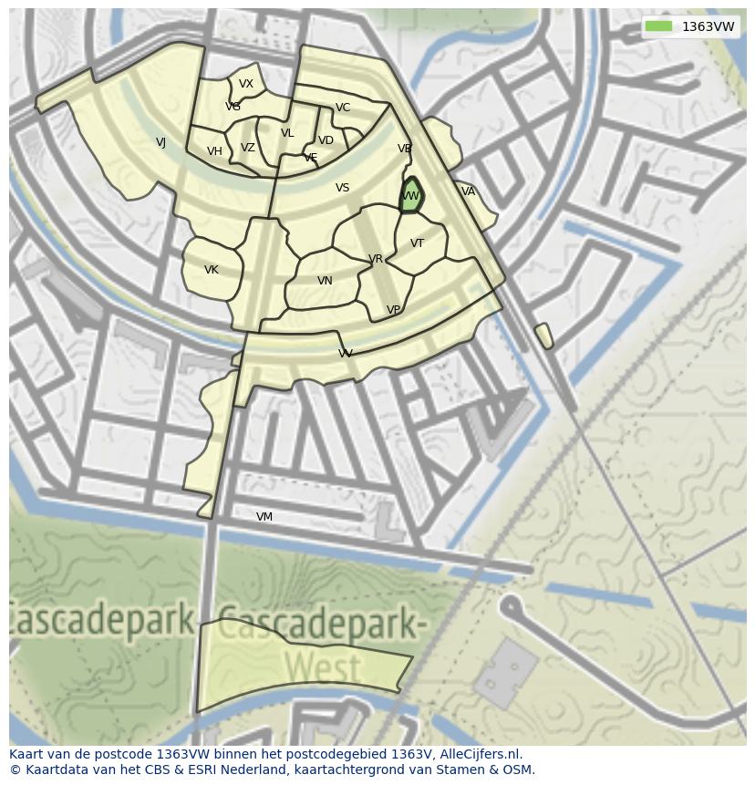Afbeelding van het postcodegebied 1363 VW op de kaart.