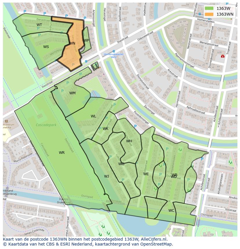 Afbeelding van het postcodegebied 1363 WN op de kaart.
