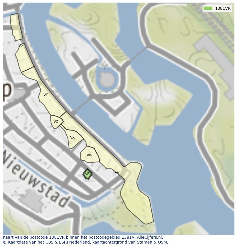Afbeelding van het postcodegebied 1381 VR op de kaart.