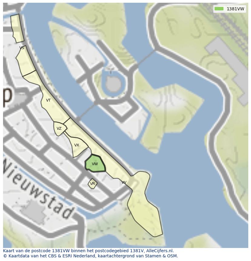 Afbeelding van het postcodegebied 1381 VW op de kaart.