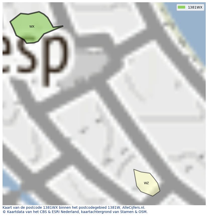 Afbeelding van het postcodegebied 1381 WX op de kaart.
