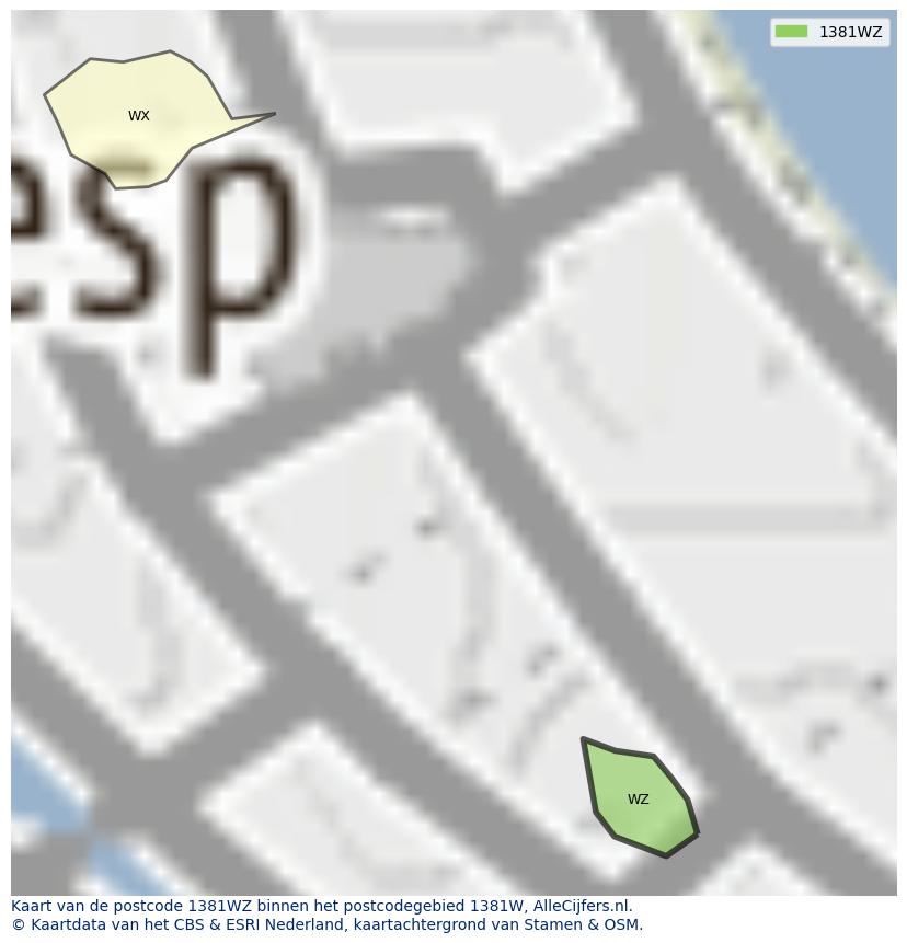 Afbeelding van het postcodegebied 1381 WZ op de kaart.