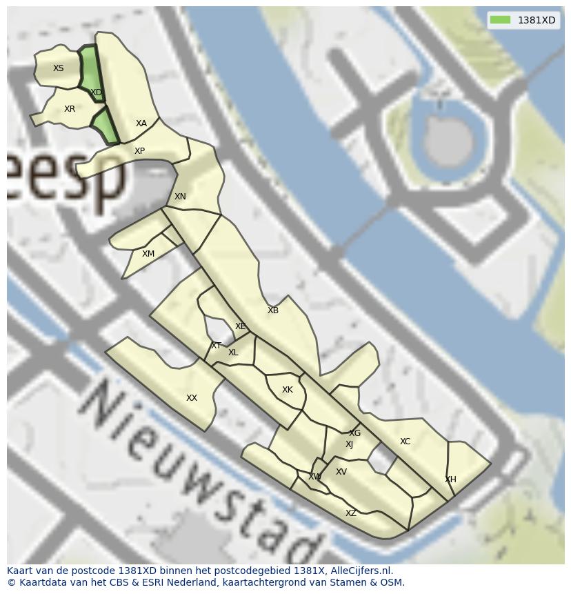 Afbeelding van het postcodegebied 1381 XD op de kaart.