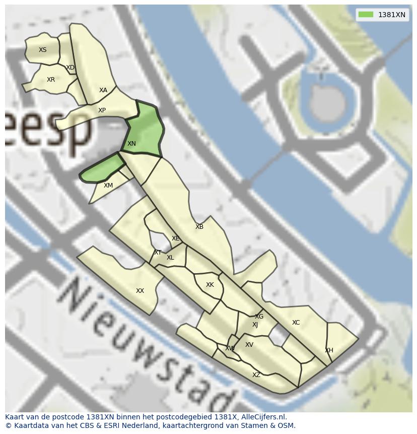 Afbeelding van het postcodegebied 1381 XN op de kaart.
