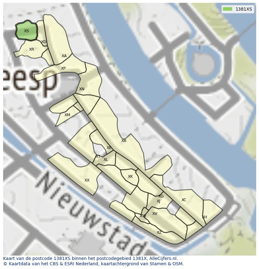 Afbeelding van het postcodegebied 1381 XS op de kaart.