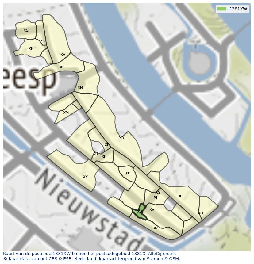 Afbeelding van het postcodegebied 1381 XW op de kaart.