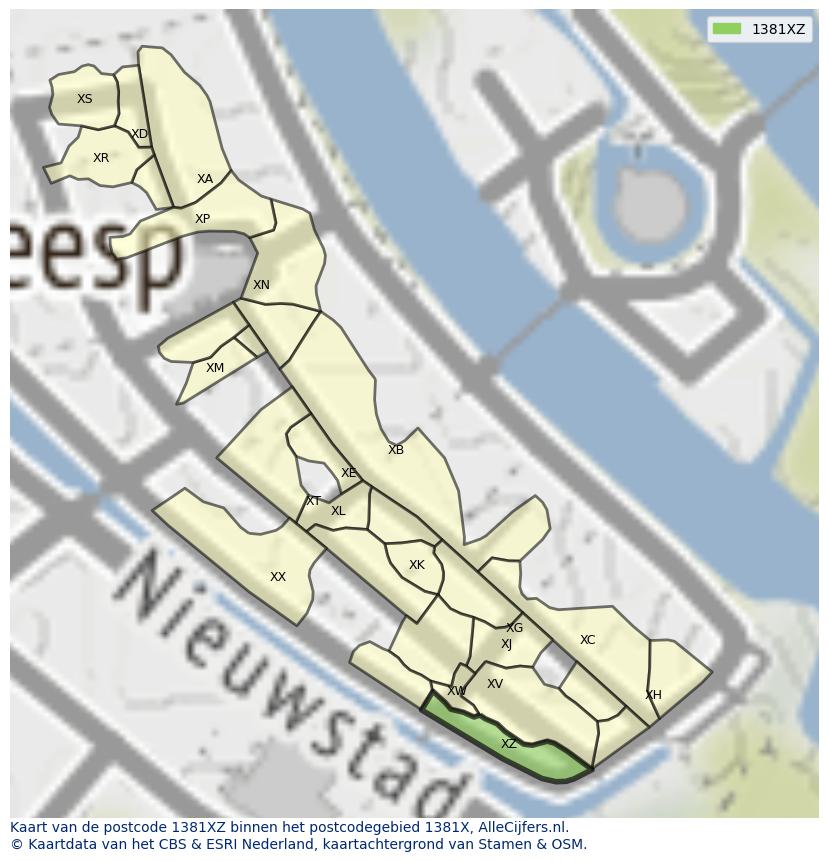 Afbeelding van het postcodegebied 1381 XZ op de kaart.