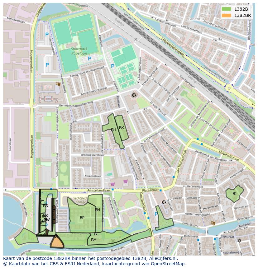 Afbeelding van het postcodegebied 1382 BR op de kaart.