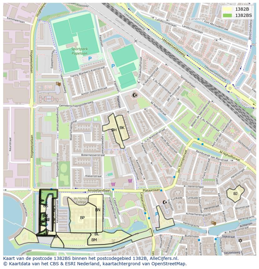 Afbeelding van het postcodegebied 1382 BS op de kaart.