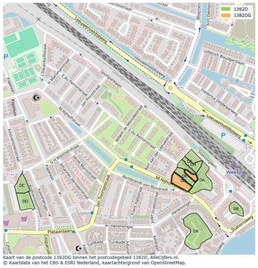 Afbeelding van het postcodegebied 1382 DG op de kaart.