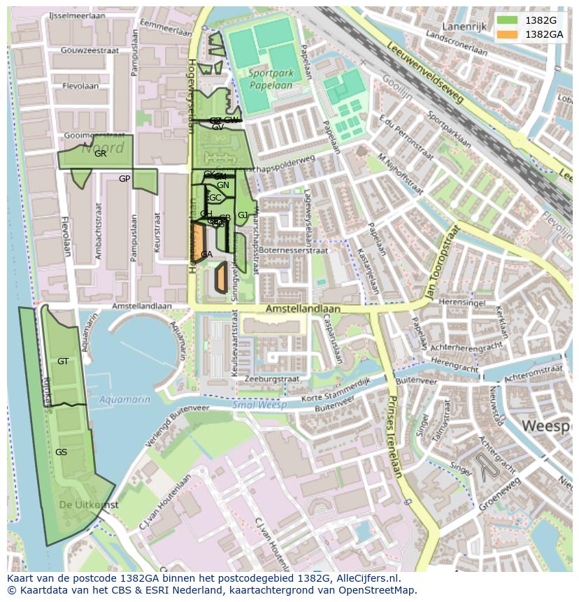 Afbeelding van het postcodegebied 1382 GA op de kaart.