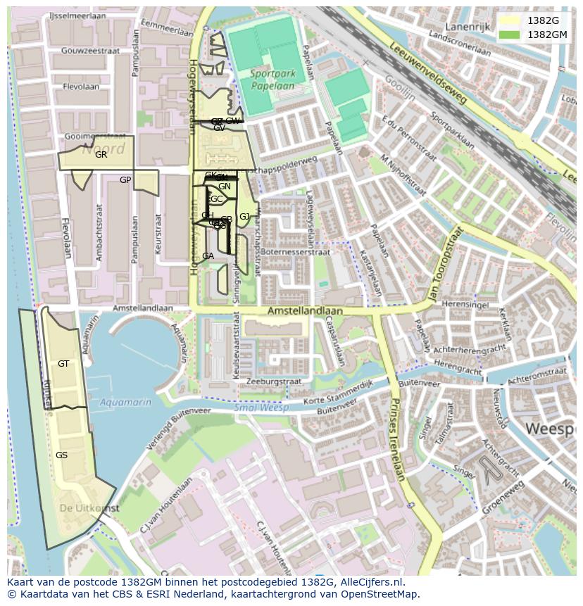 Afbeelding van het postcodegebied 1382 GM op de kaart.