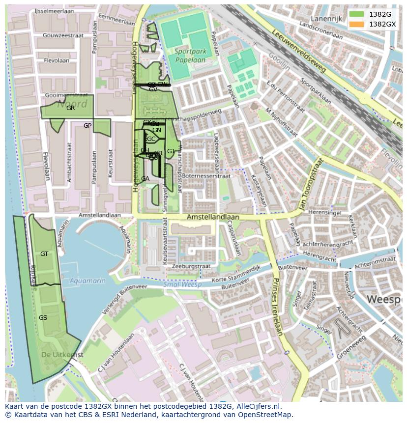 Afbeelding van het postcodegebied 1382 GX op de kaart.
