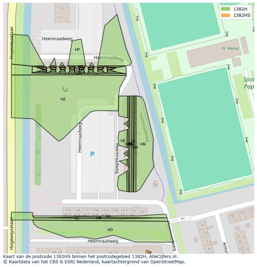 Afbeelding van het postcodegebied 1382 HS op de kaart.