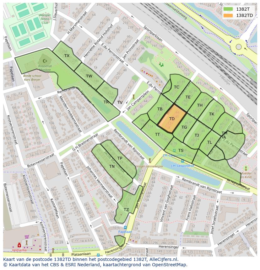 Afbeelding van het postcodegebied 1382 TD op de kaart.
