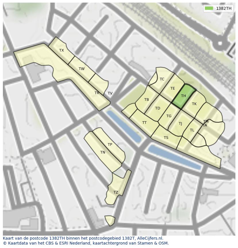 Afbeelding van het postcodegebied 1382 TH op de kaart.