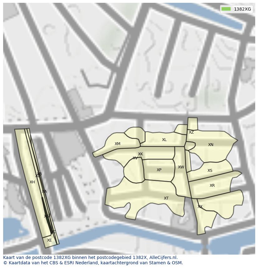 Afbeelding van het postcodegebied 1382 XG op de kaart.