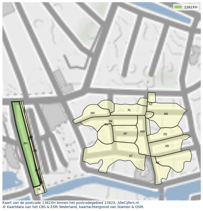 Afbeelding van het postcodegebied 1382 XH op de kaart.
