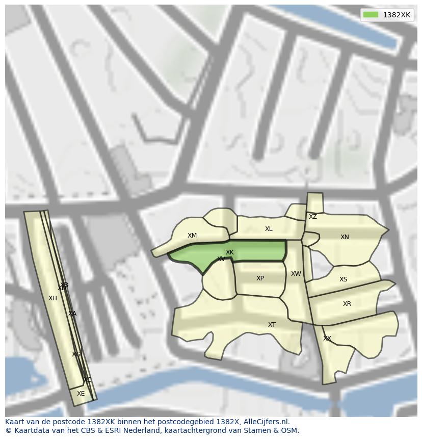 Afbeelding van het postcodegebied 1382 XK op de kaart.