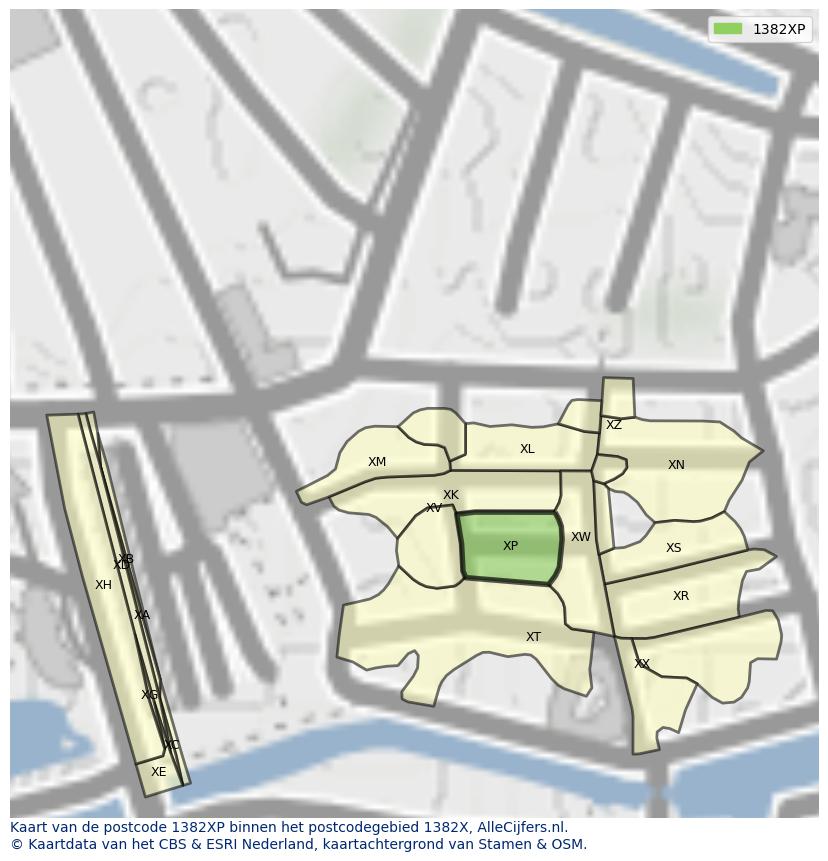 Afbeelding van het postcodegebied 1382 XP op de kaart.