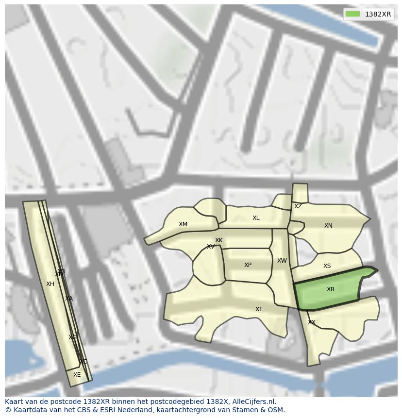 Afbeelding van het postcodegebied 1382 XR op de kaart.