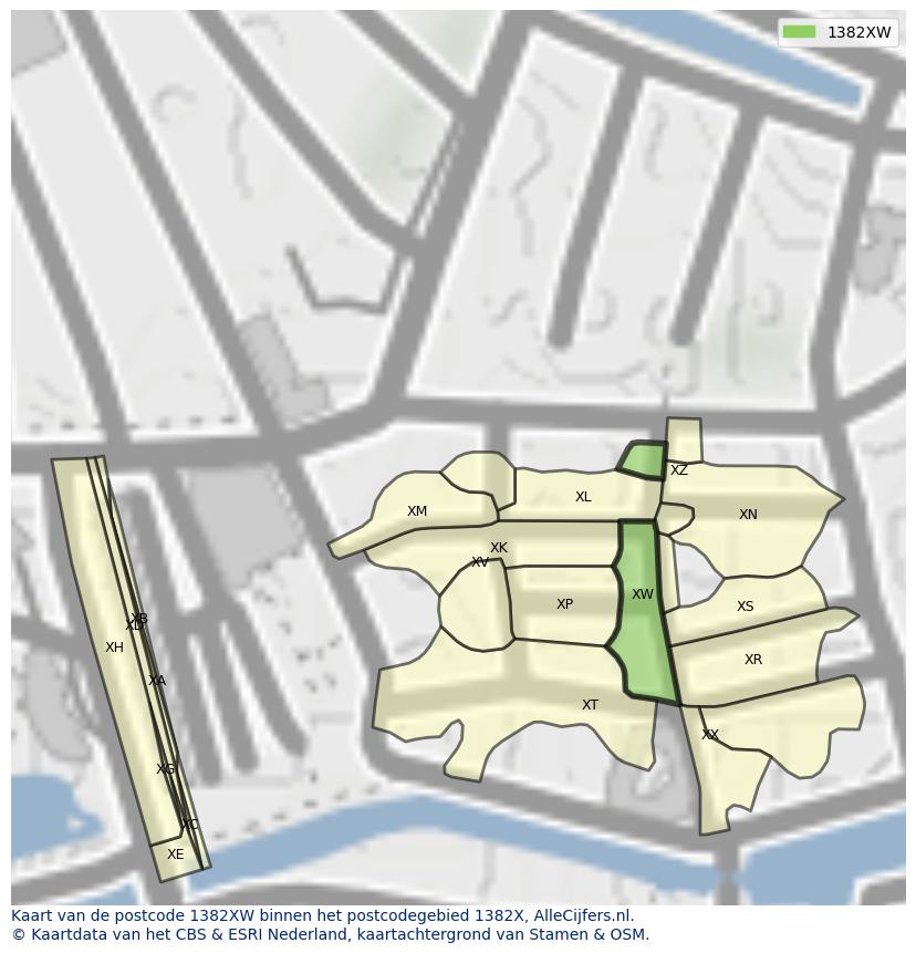 Afbeelding van het postcodegebied 1382 XW op de kaart.
