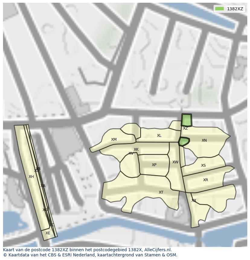 Afbeelding van het postcodegebied 1382 XZ op de kaart.