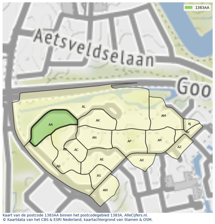 Afbeelding van het postcodegebied 1383 AA op de kaart.