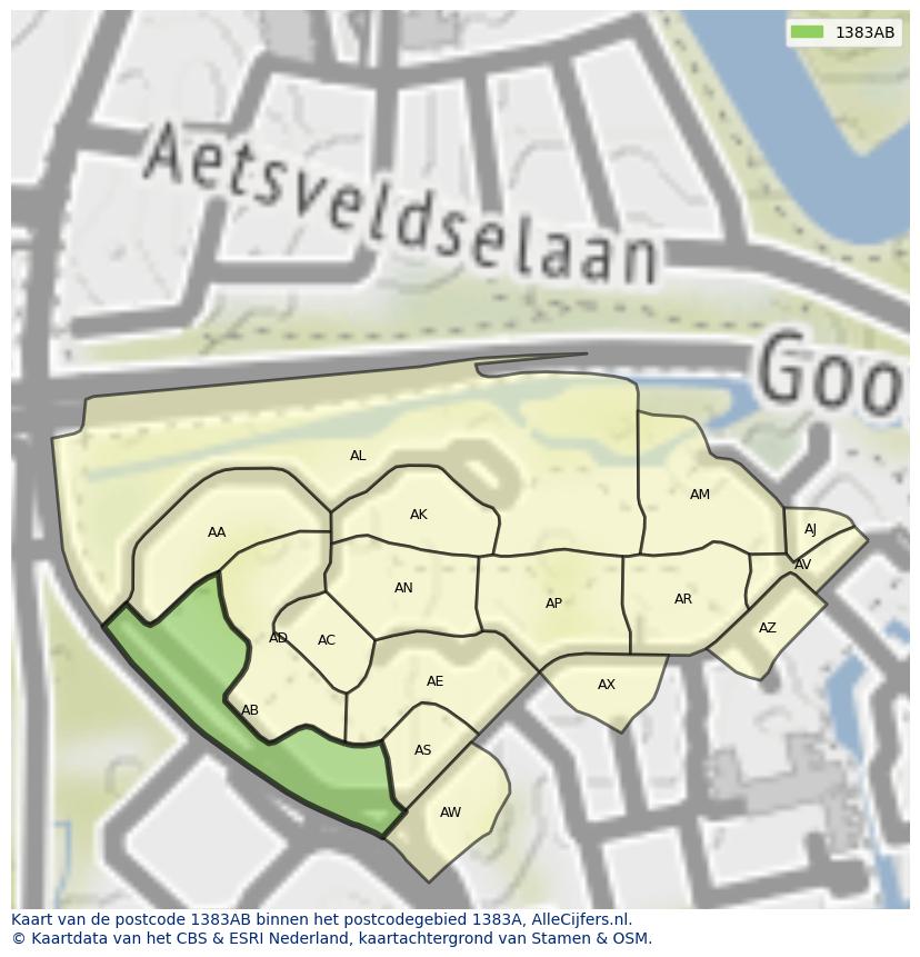 Afbeelding van het postcodegebied 1383 AB op de kaart.