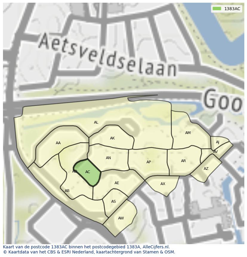 Afbeelding van het postcodegebied 1383 AC op de kaart.