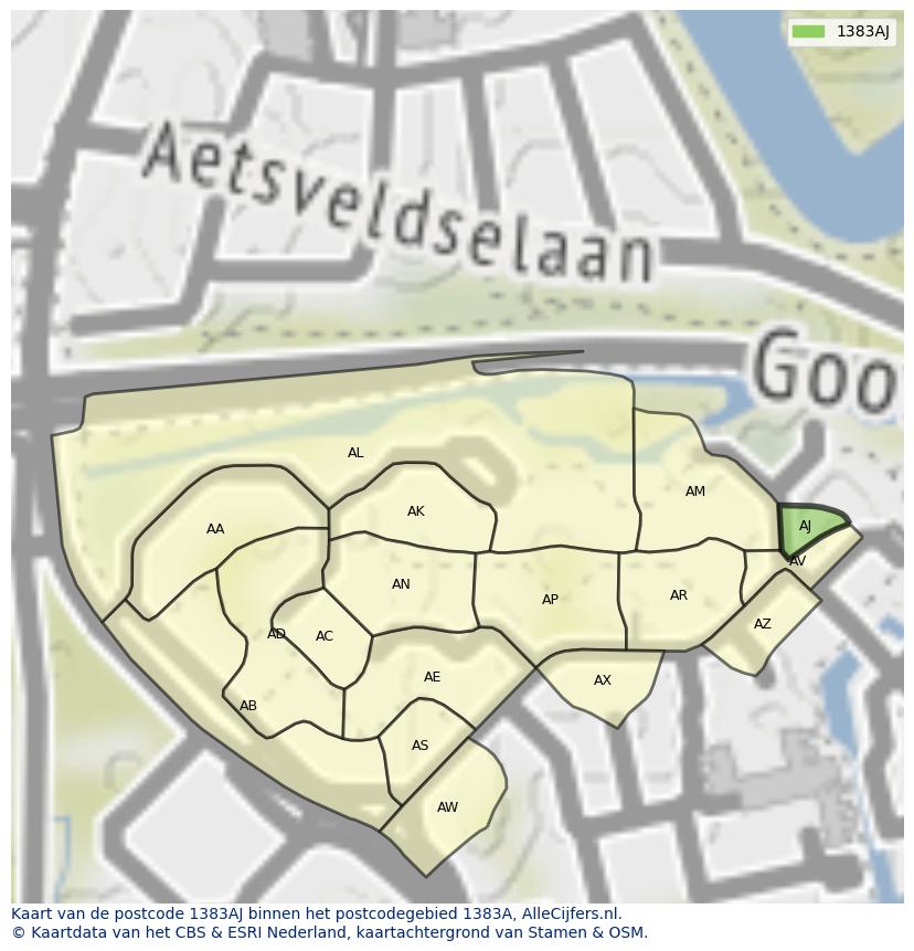 Afbeelding van het postcodegebied 1383 AJ op de kaart.