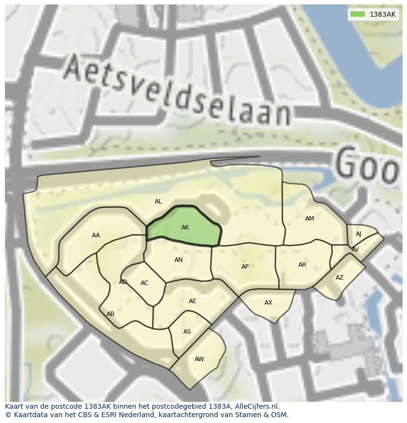 Afbeelding van het postcodegebied 1383 AK op de kaart.