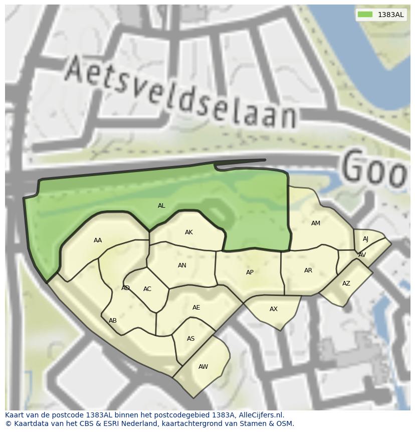 Afbeelding van het postcodegebied 1383 AL op de kaart.