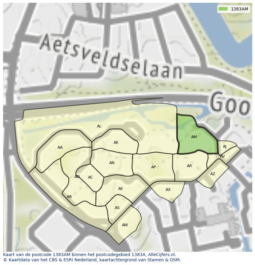 Afbeelding van het postcodegebied 1383 AM op de kaart.