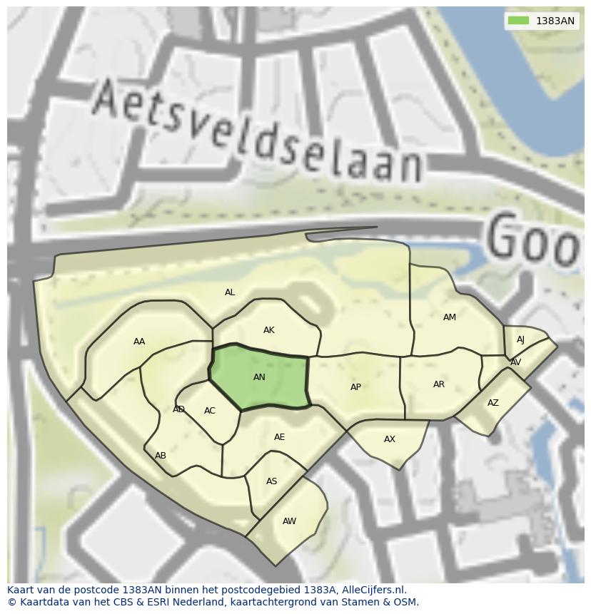 Afbeelding van het postcodegebied 1383 AN op de kaart.