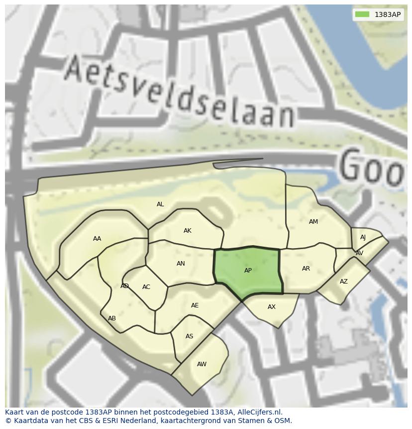 Afbeelding van het postcodegebied 1383 AP op de kaart.