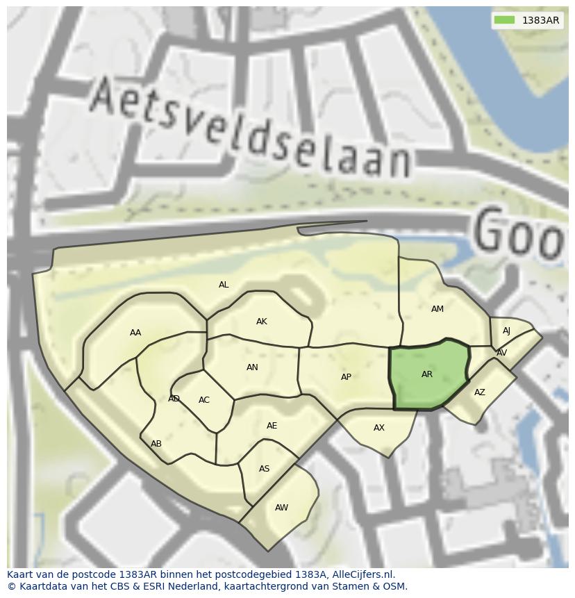 Afbeelding van het postcodegebied 1383 AR op de kaart.